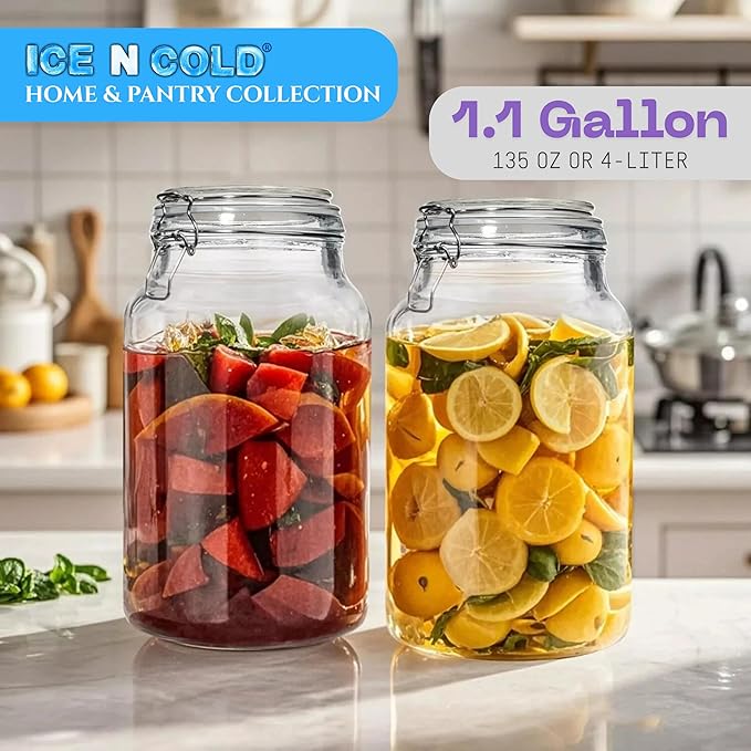 Airtight Glass Storage Jars with Clamp Lid – Food Storage Containers with Rubber Gasket Seal – Pantry & Kitchen Canisters for Dry Goods, Coffee, Sugar, Pasta – 0.4L to 4L Sizes (1, 135oz | 4L)