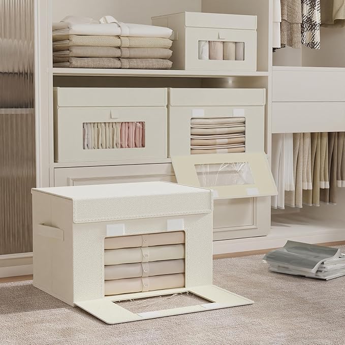 Storage Bins with Lids, Cube Organizer Basket with Window, Closet Boxes with Carrying 2 Handles and Sturdy PP Support Plate, 2 Pack, Beige, 13 x 9 x 7.9 In, XSNY17BEM-2