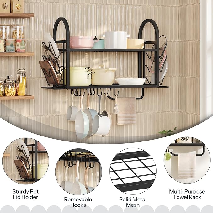 HOOBRO Pot Rack Wall Mounted, 2-Tier Kitchen Pot and Lid Organizer with 6 Lid Holders and 10 Hooks, Wall-Mounted Pot Rack with Towel Bar, for Kitchen Cookware Utensils Storage, Black BB100TL01