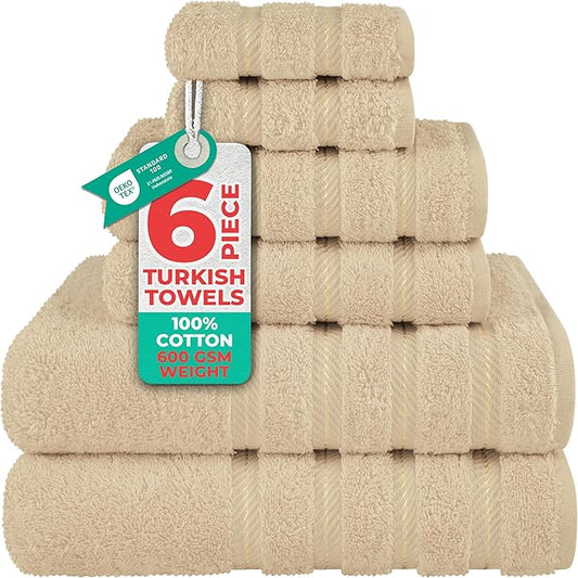 American Soft Linen Luxury 6 Piece Towel Set, 2 Bath Towels 2 Hand Towel 2 Washcloths, 600 GSM 100% Cotton Turkish Towels for Bathroom, Beige Towel Sets