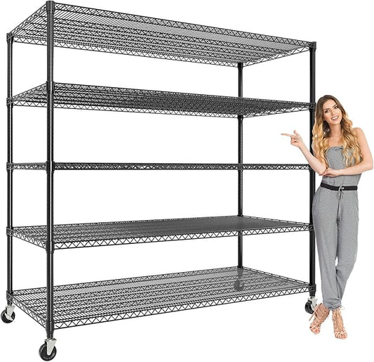82" H Storage Shelves 3300LBS Heavy Duty Shelving Unit with Wheels & Feet, 5-Tiers Garage Shelving for Pantry Garage Kitchen Home Commercia, 82.6" H x 59" W x 23.9" D