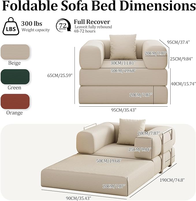 Folding Sofa Bed, 2 in 1 Convertible Sofas to Lounger Comfy Single Bean Bag Chair Floor Portable Foldable Sleeper Lazy Futon Couch Chair for Bedroom, Living Room (Beige, 35.43" Single Sofa)