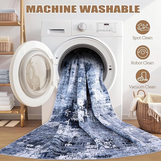 Washable Runner Rug for Hallway: 2x6 Neutral Modern Abstract Low Pile Area Rug with Non-Slip Backing - Carpet for Bedroom Kitchen Laundry Entryway Bathroom Indoor - Navy Blue