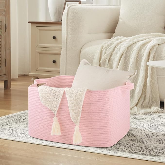 Large Blanket Basket, Blanket Storage Living Room, Rectangle Woven Baskets for Storage Toys, Towels, Dirty Clothes Organizer Bins (Pink)