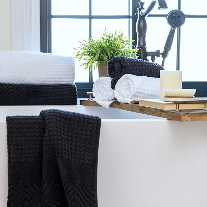 Texere 100% Organic Cotton Diamond Jacquard 700 GSM Luxury Bath Towel Sets - Ultra Soft and Absorbent Hotel and Spa Quality (Diamond, Black, 4 Bath Towels)