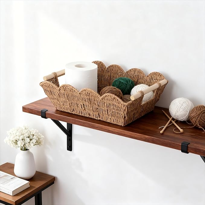 Scalloped Basket with Wooden Handle, Water Hyacinth/Seagrass/Wicker Storage Baskets, Hand Woven Baskets for Shelves,Natural Baskets for Organizing (2 Pack Paper Rope, 16.5 * 12.6 * 5.5“)