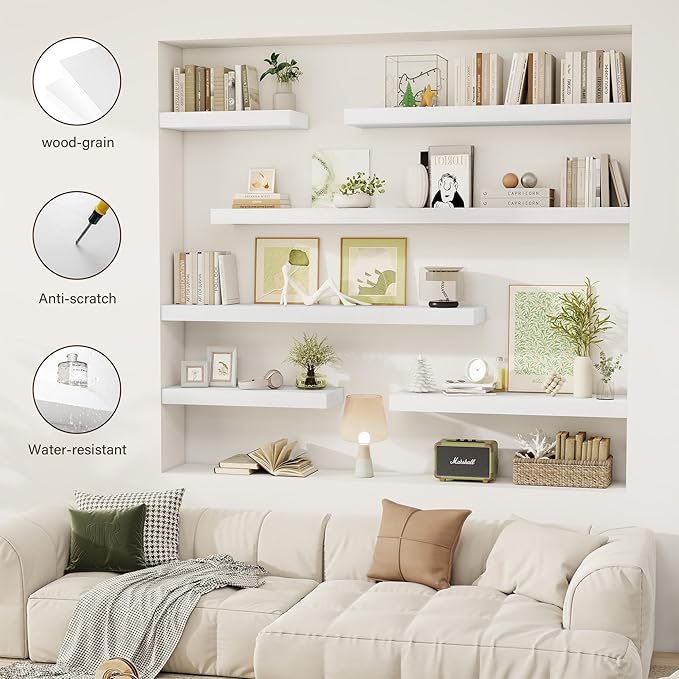 24 Inch Floating Shelves, 12" Deep Floating Shelf Wall Mounted, 24" Wall Shelves, Rustic Deep Bookshelf, Extra Deeper & Thicker Display Shelves for Bedroom, Living Room, White, Set of 2