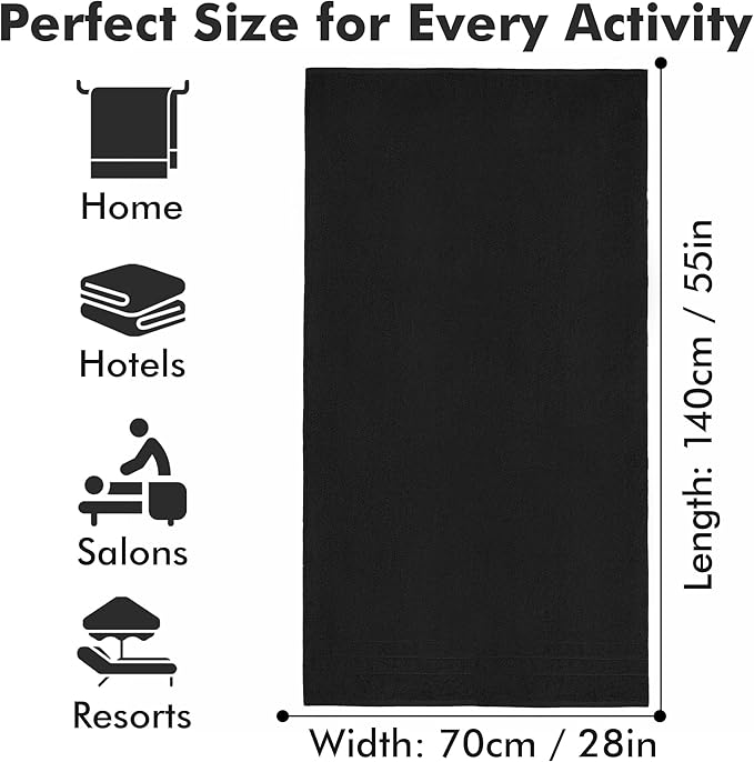 Bath Towels Set of 4 – 100% Cotton Black Extra Large Towels for Bathroom, Spa Use (55x28 in) – Super Soft and Quick Dry Large Bath Sheets for Adults