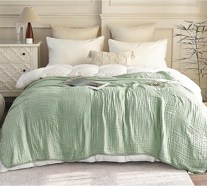 SANACYNA Muslin Blankets for Adults 100% Cotton 6-Layer Gauze Green Grid Bed Blanket Lightweight Soft and Breathable King Blanket for Sofa Bed Coverlet Both Sides (Mint Green, King 90" X 104")