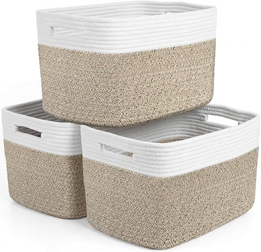 Storage Baskets for Organizing, 14 x 10 x 9” Closet Shelf Woven Baskets, Square Bins with Handles, Cotton Rope Basket for Toys, Clothes, Office, Room, White+Rice Brown 3 Pack