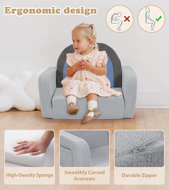 Kids Couch, 2-in-1 Soft Toddler Couch Fold Out with Blanket, Comfy Toddler Chair, Convertible Sofa, Gifts for Kids Girl Boys, Medium Blue Rainbow
