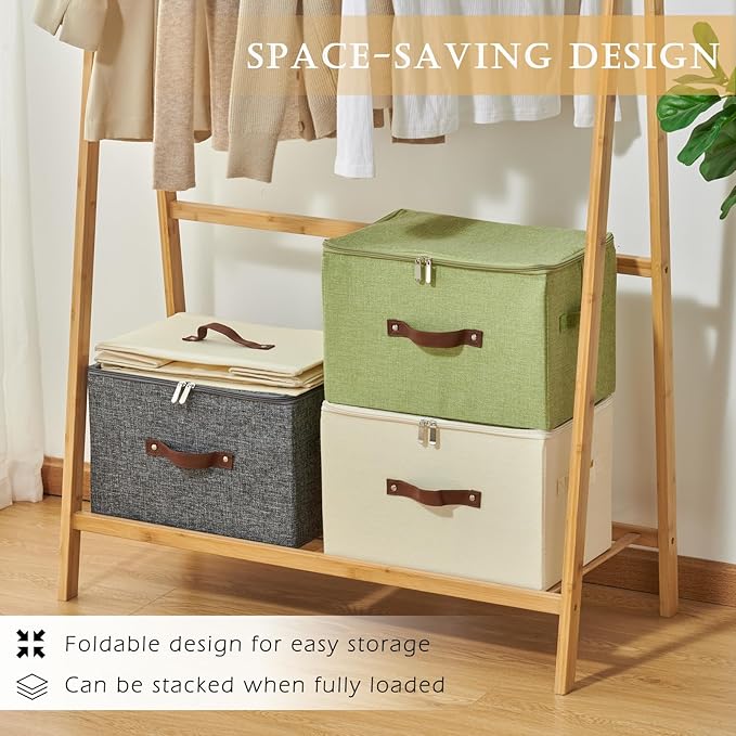2 Pack Storage Bins with Zipper Lid Cotton Linen Fabric Lidded Storage Baskets Boxes Foldable Washable Closet Shelf Clothes Organizer Container with PU Leather Handles (Linen, Large)