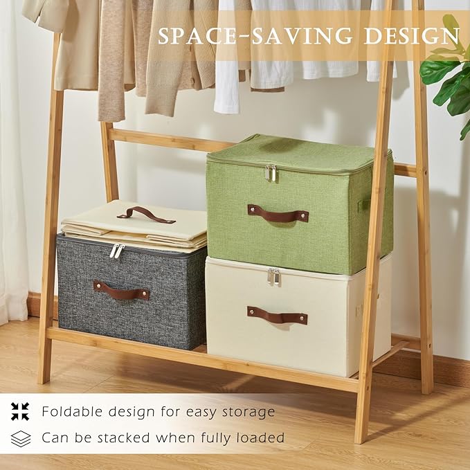 Storage Bins with Zipper Lid Cotton Linen Fabric Lidded Storage Baskets Boxes Foldable Washable Closet Shelf Clothes Organizer Container with PU Leather Handles (Black, Large Size)