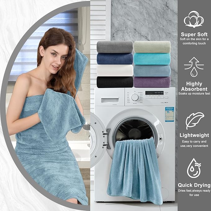 8 Piece Bath Towel Set — 2 Oversized Large Bath Sheet,2 Hand Towels,4 Washcloths — Ultra Soft Bath Towel Set for Bathroom Hotel Gym Spa,Highly Absorbent Quick Dry Bathroom Towel Collections,Turquoise