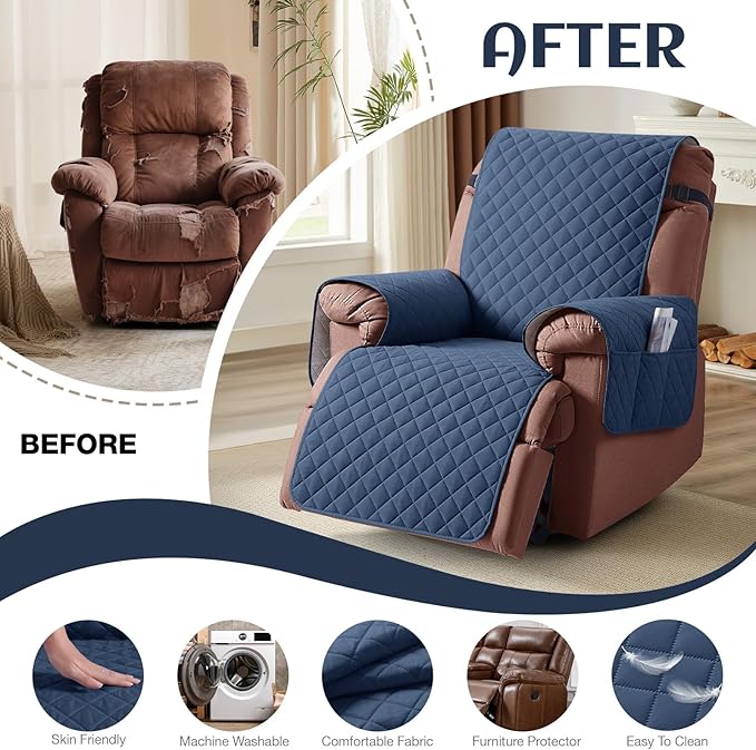 KinCam 100% Waterproof Recliner Chair Cover, Reclining Couch Covers for Pets, Dogs, Recliner Couch Slipcover Furniture Protector with Elastic Straps for Kids(30", Blue)