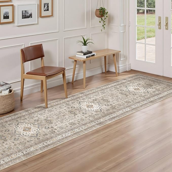 Vintage Hallway Runner Rug 2x10: Large Soft Washable Entryway for Kitchen Laundry Room Non-Slip Backing Runner for Entrance Living Room Bedroom Bathroom - Beige