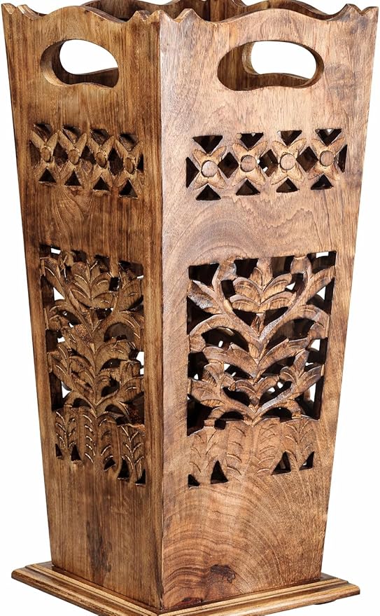 Hand-Carved Wooden Umbrella Stand & Walking Cane Holder | 21 Inch Tall Decorative Umbrella Rack for Entryway, Home & Office | Rustic Floor Storage Organizer