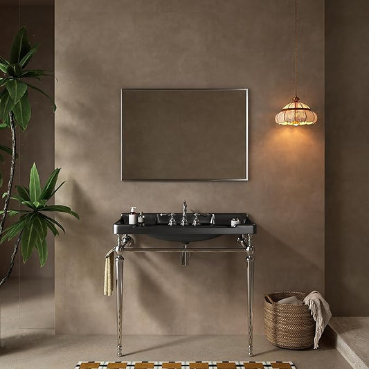 36" Bathroom Console Sink, Wall-Mounted Black Ceramic Vanity Basin with 3 Pre-drilled Faucet Holes, Freestanding Chrome Stainless Steel Support Legs with Towel Bar, No Faucet - Rome, Black