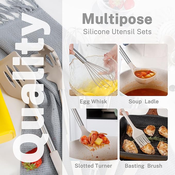 QMVESS Silicone Cooking Utensils Set, 28 Pcs Non-Stick Kitchen Utensils Set with Holder, 446°F Heat Resistant Spatula, Tongs, Spoons Set with Stainless Steel Handle Kitchen Gadgets (Khaki)