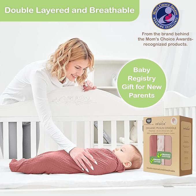 100% Organic Cotton Muslin Baby Blanket 3 Pack - Breathable Swaddle, Hypoallergenic Double-Layer, Versatile Use (Pink, Floral, Rust, 38x40 Inch)