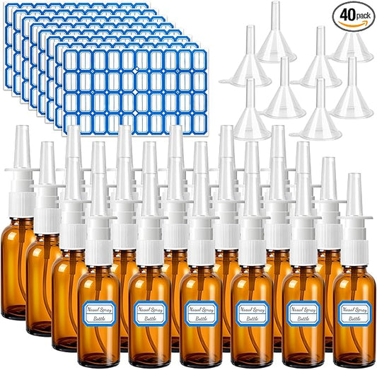 40 Pcs Nasal Spray Bottle Empty, Brown Glass Refillable Fine Mist Nasal Spray Bottles with 8 Funnels and 8 Labels (30ML/1oz)