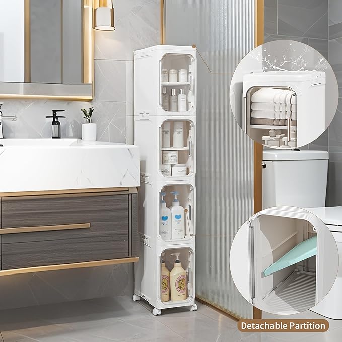 Narrow Storage Cabinet Slim Bathroom Storage Cabinet with Movable Wheels Tall Bathroom Organizer Skinny Cabinet for Small Spaces，2-Tier White