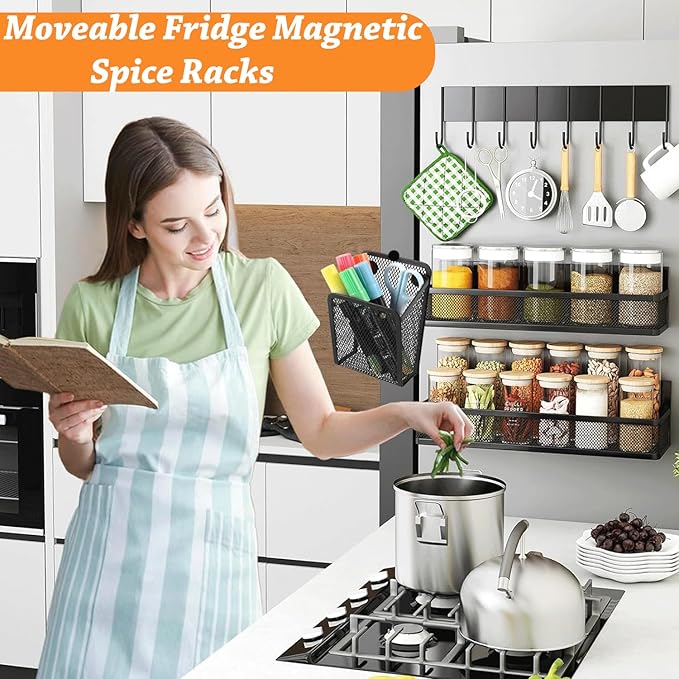 Magnetic Spice Rack for Refrigerator – 3 Tier Magnetic Shelves with Towel Bar, Hanging Hooks, Mesh Storage Baskets & Adhesive Hooks Kitchen Organizer for Spices, Utensils & Pantry