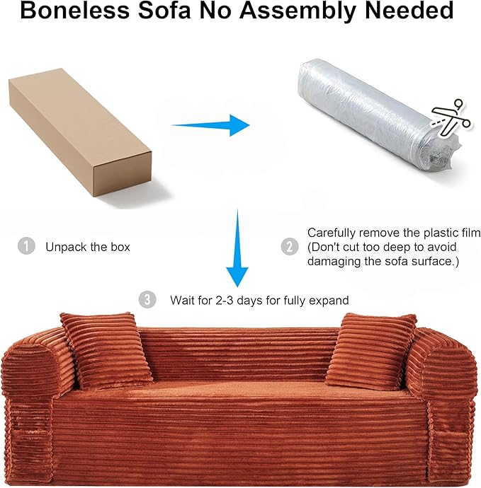 83'' Boneless Couch in A Box, No Assembly Needed Sofa Bed Couch 3 Seater Corduroy Modern Cloud Sofa 29'' Deep Seat with 2 Pillows & Removable Backrest for Living Room, Bedroom, Apartment, Orange | No Assembly Needed, High Density Foam, Removable Backre...