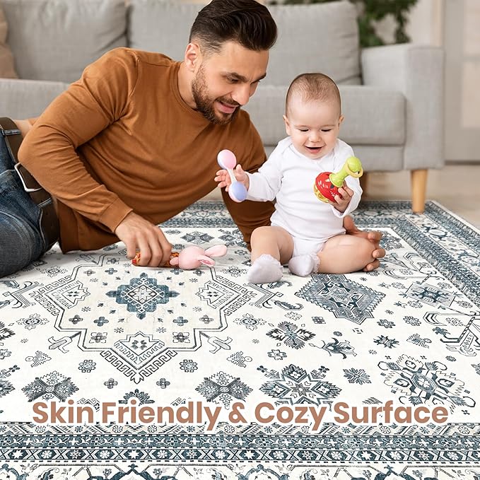 Vintage Living Room Area Rug 8x10 - Large Soft Washable Oriental Traditional Distressed Farmhouse Rugs for Bedroom - Indoor Floor Accent Carpet for Home Office House Decor - Powder Blue