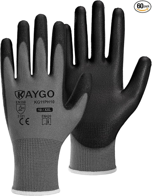 KAYGO Work Gloves for Men and Women, 60 Pairs Seamless Knit PU Coated Safety Gloves, with Smooth Grip on Palm and Fingers, Ideal for Light Warehouse, Manufacturing, Gardening, KG11P (XL,Gray)
