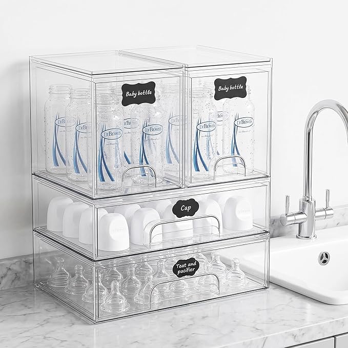 TOOGE Stackable Baby Bottle Organizer: Acrylic Bottle Organizer Baby Storage Drawers Clear Bottle Station Organization for Countertop Cabinet Vanity with 4 in 1 Cup Lid Cleaning Brush & Label - Wide