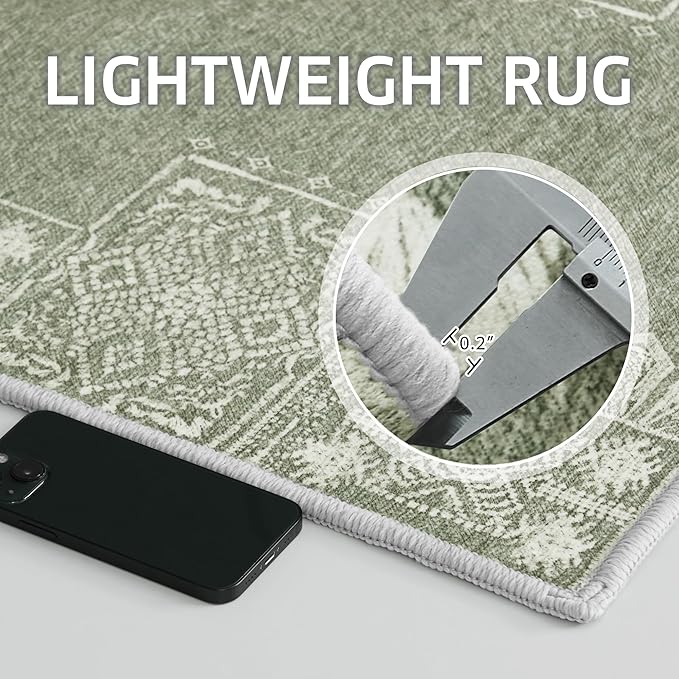 NICETOWN Green Kitchen Runner Rug- 2x6 Rug Washable Non Slip with Rubber Backing Vintage Ultra-Thin Throw Carpet Runners for Hallways Bedroom Laundry Room, Sage Green