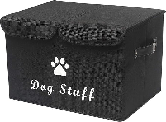 Geyecete Large Storage Boxes - Large Linen Fabric Foldable Storage Cubes Bin Box Containers with Lid and Handles for Dog Apparel & Accessories, Dog Toys(Black)