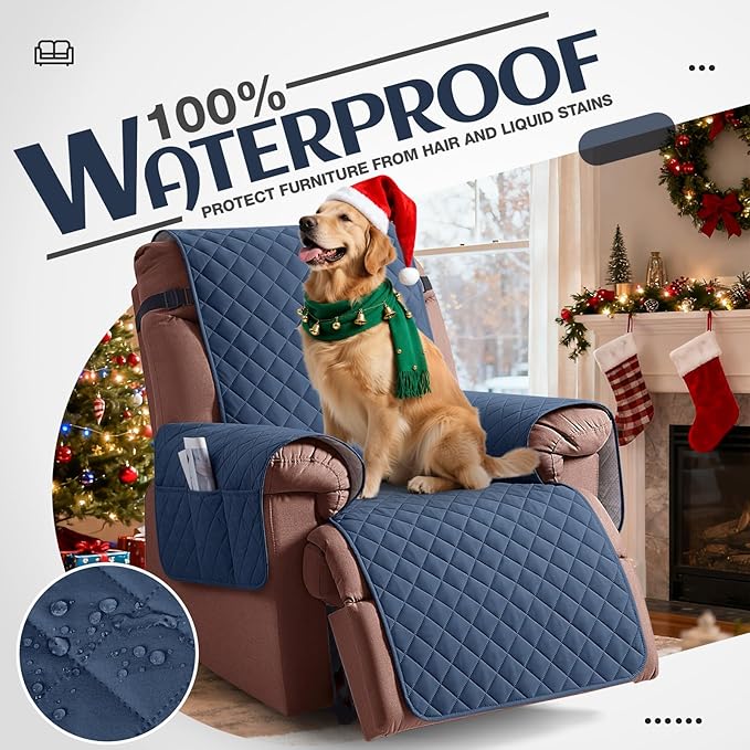 KinCam 100% Waterproof Recliner Chair Cover, Reclining Couch Covers for Pets, Dogs, Recliner Couch Slipcover Furniture Protector with Elastic Straps for Kids(23.6", Blue)