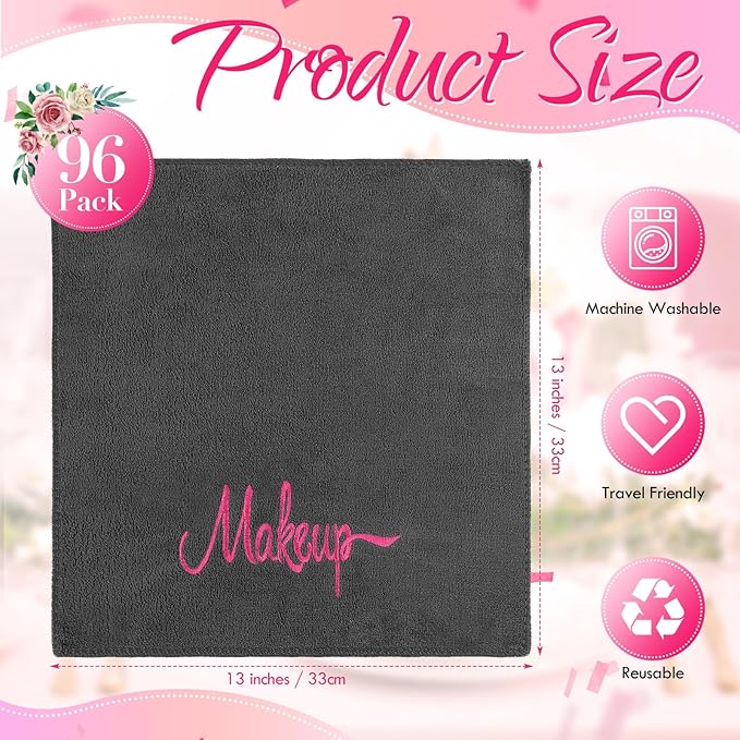 96 Pack Makeup Remover Cloths, 13 x 13 Inch Makeup Towels Bulk Soft Microfiber Face Towels Reusable Makeup Washcloths with Makeup Embroidery for Women Skin (Gray)