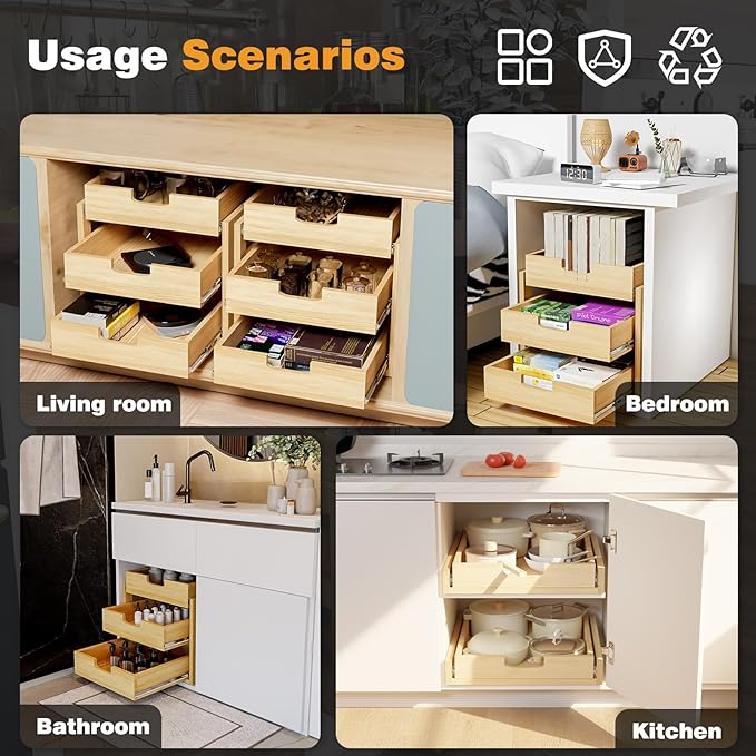 Pull Out Cabinet Organizer, 14''W×21''D Sliding Drawers for Cabinets, Soft Close Slide Out Wooden Pull out Drawers, Base Cabinet Organization for Kitchen, Pantry, Bathroom