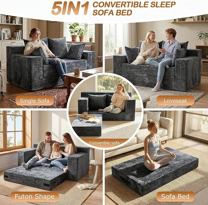 Convertible Sofa Bed, 5 in 1 Small Boneless Couch Pull Out Loveseat Sleeper Sofa,Corduroy Futon Couch Folding Mattress with 4 Pillows for Living Room Bedroom Lounge (No Assembly)