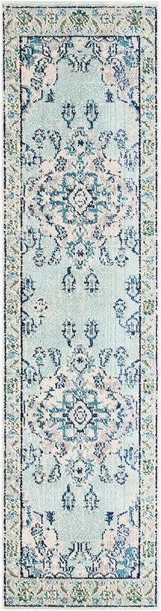 SAFAVIEH Monaco Collection Runner Rug - 2'2" x 14', Light Blue & Ivory, Non-Shedding & Easy Care, Ideal for High Traffic Areas in Living Room, Hallway, Foyer, Bedroom (MNC243K-214)