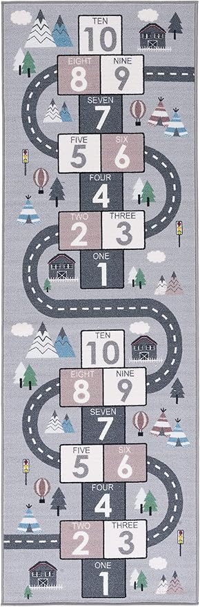 SAFAVIEH Washable Rug Kids Playhouse Collection - 2'2" x 8' Runner, Grey & Pink, Slip Resistant & Easy to Clean, Ideal for Kids Room, Playroom, Nursery, Boys & Girls Room (KPH226A)