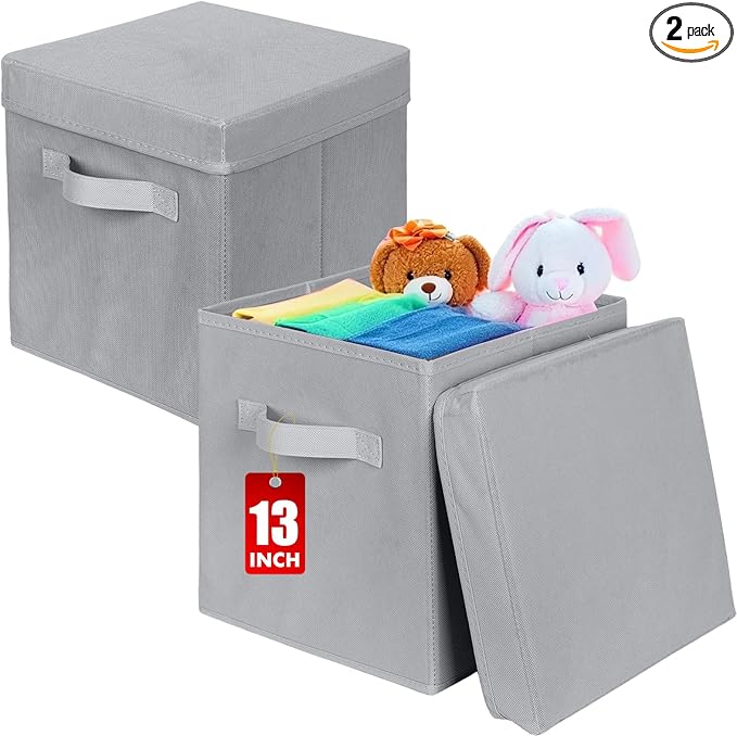 ShellKingdom Storage Bins, Foldable Fabric Storage Cubes with Lid, Clothes Storage Organizer Drawer For Closet Toys Storage, 13 X 13 X 13 INCH, 2 Pack (Grey)