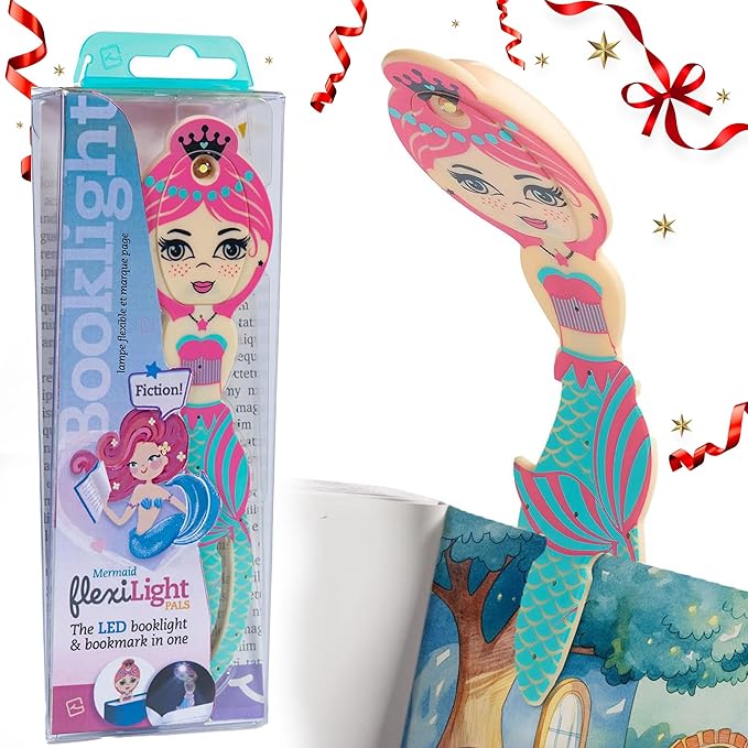 Gifts for Readers & Writers Book Light for Kids, Clip On Reading Light for Bed, 2in1 Flexilight Pals & Bookmark, Small & Lightweight with a Soft Glow, 2 Batteries Included, Mermaid Teal