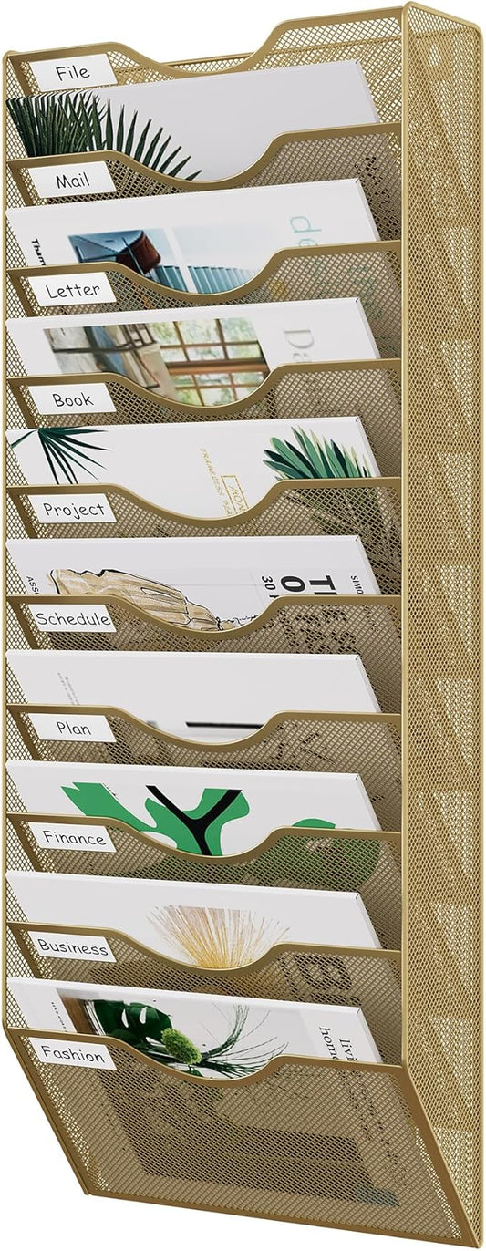 EasyPAG 10 Pocket Mesh Wall File Organizer, Hanging Paper Folder Holder with Classify Label, Vertical Wall Mount Mail Organizer for Office Home Classroom, Gold