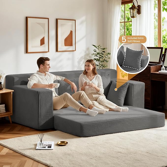 Oversized Boneless Loveseat, 3 Seater Pull Out Convertible Sofa Bed, 70" Gray Boneless Couch Fold Out Floor Couch Sleeper Sofa with 5 Pillows for Living Room Bedroom Lounge Small Space