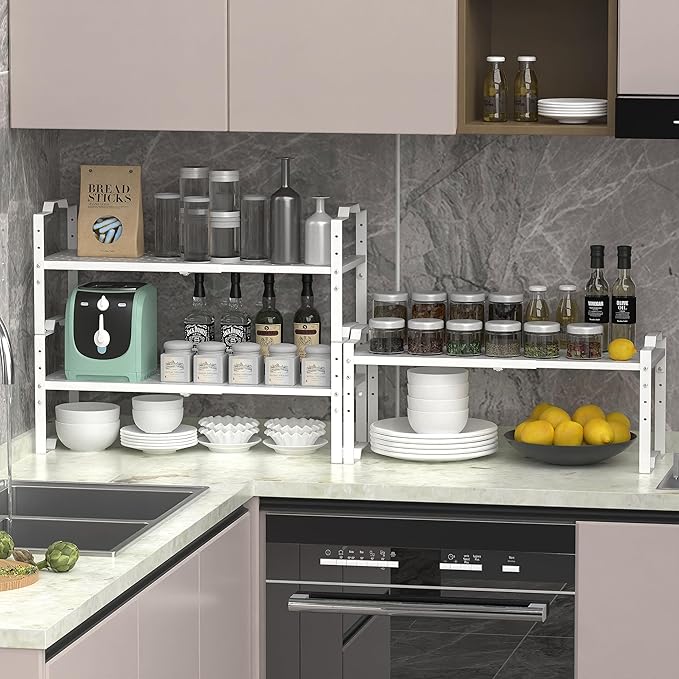Expandable Shelf for Cabinet Organizer Adjustable Stackable Spice Rack at Kitchen and Bathroom More, Counter Countertop Cupboard Organization Pantry Storage(3 Packs/White, Large)