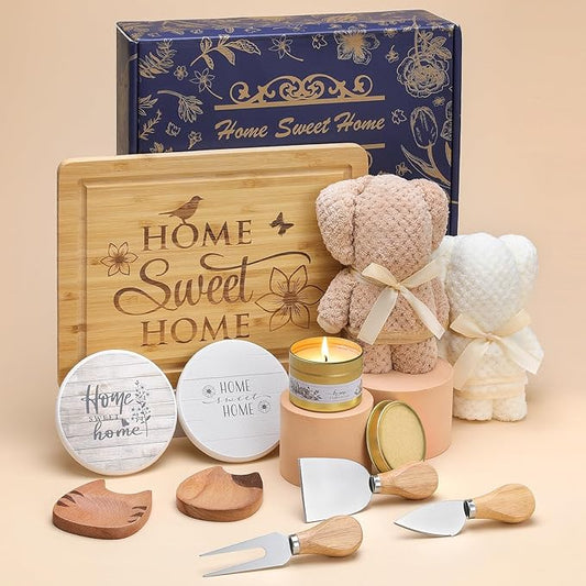 Housewarming Gifts for New Home, 10Pcs House Warming Gift Basket with Aroma Candle, Cutting Board, Cheese Knife, Condiment Dish, Coasters for Couples, Closing Gifts for Home Buyers