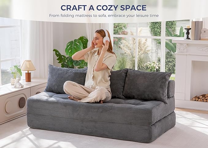 MAXYOYO Folding Sofa Couch, Convertible Floor Sleeper Couch with 3 Pillows, Tufted Floor Oversized Loveseat Couch Tufted Fold Out Chair Bed Comfy Sofa Lounge for Living Room Bedroom, Dark Grey