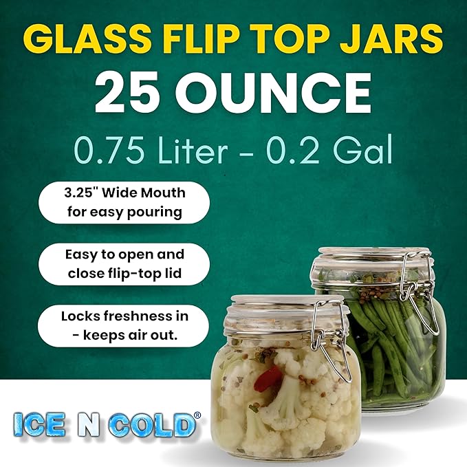 Airtight Glass Storage Jars with Clamp Lid – Food Storage Containers with Rubber Gasket Seal – Pantry & Kitchen Canisters for Dry Goods, Coffee, Sugar, Pasta – 0.4L to 4L Sizes (4, 25oz | 0.75L)