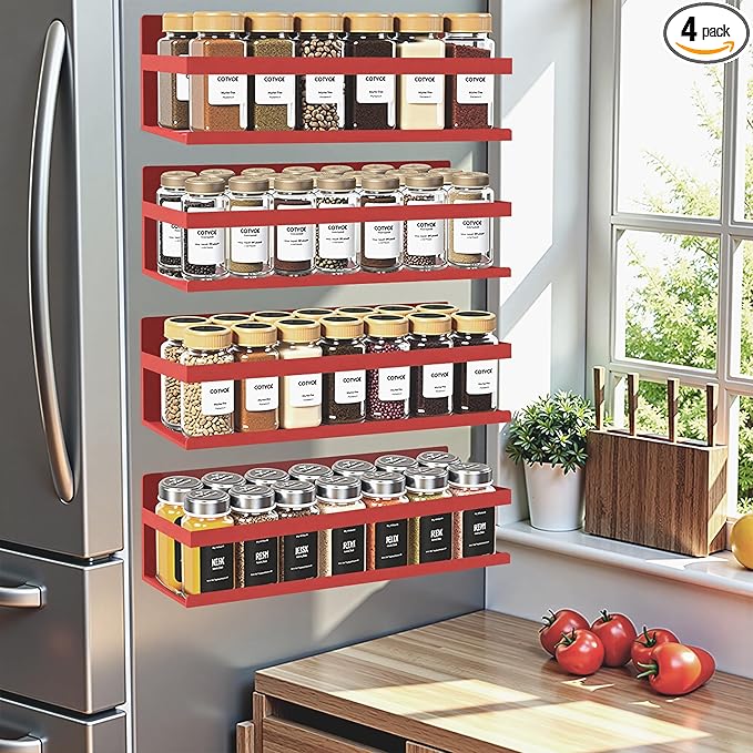 Magnetic Spice Rack Organizer for Fridge Seasoning Organizer for Kitchen Storage With Screw Magnetic Shelf for Oven, RV,Garage,Bathroom (Red-1, 4pack)