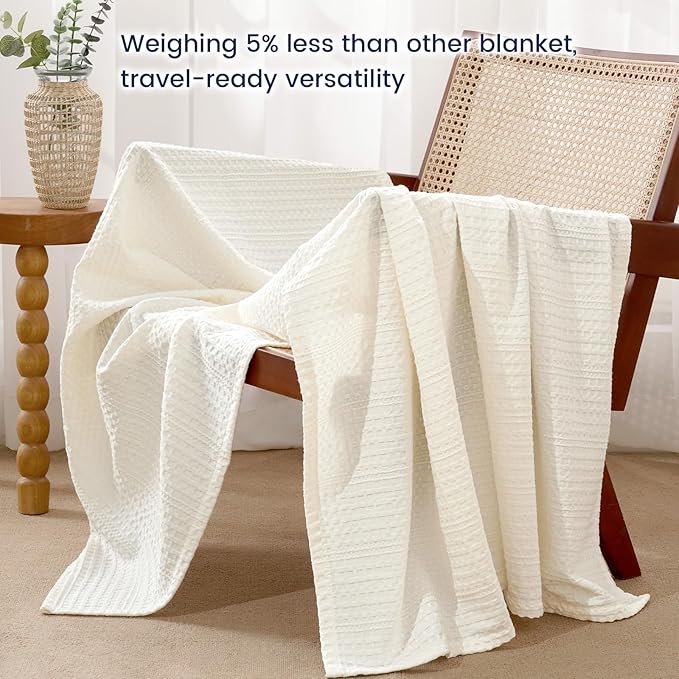 PHF Lightweight Waffle Weave Throw Blanket 50"x 60", Soft Woven Summer Blanket for Hot Sleepers - Aesthetic Home Decor for Couch Bed Sofa, Pet Friendly, Cream