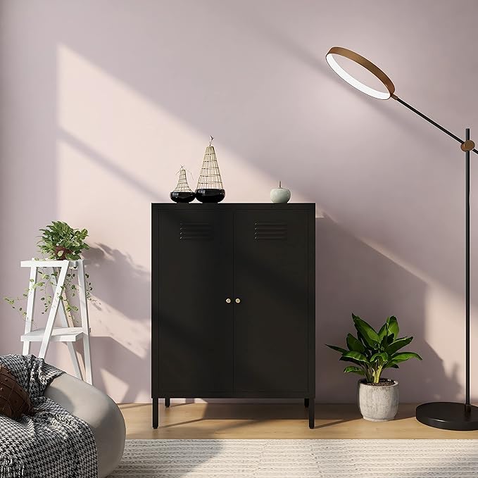 Black Metal Locker Storage Accent Cabinets with 2 Adjustable Shelves, 3 Tier Metal Storage Cabinet with Legs, Steel Cupboard Lockers for Kids Bedroom, Home, Office, Entryway, Kitchen